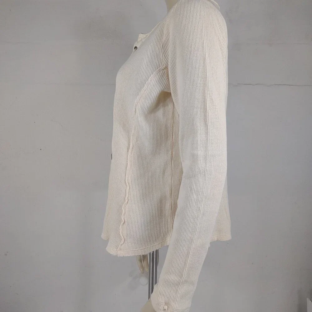Sundance ivory 100% cotton long sleeve lace up V-Neck thermal shirt ladies Large - Picture 5 of 7